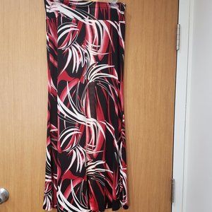 Red, black, white abstract art flowy soft maxi skirt, size medium